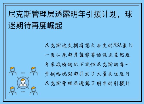 尼克斯管理层透露明年引援计划，球迷期待再度崛起