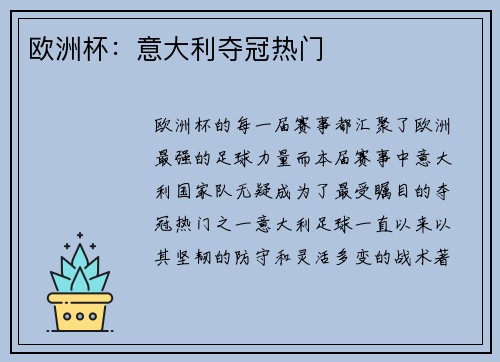 欧洲杯：意大利夺冠热门