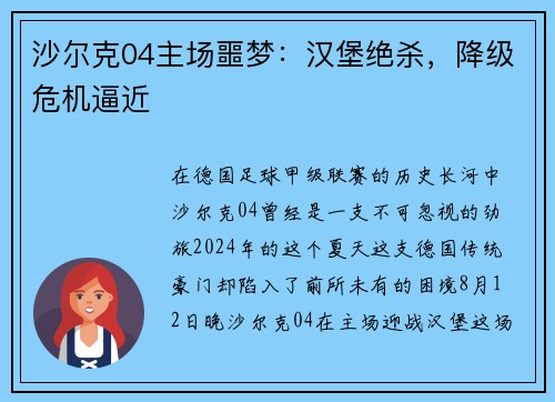 沙尔克04主场噩梦：汉堡绝杀，降级危机逼近